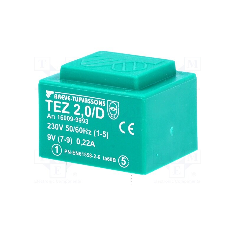 1 pcs x BREVE TUFVASSONS - TEZ2/D230/9V - Transformer: encapsulated, 2VA, 230VAC, 9V, 222.2mA, PCB, IP00, TEZ