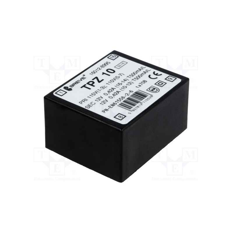 1 pcs x BREVE TUFVASSONS - TPZ10/2*115/2*12V - Transformer: mains, 10VA, 115VAC,230VAC, 12V, 12V, PCB, IP00