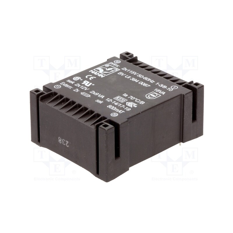 1 pcs x HAHN - BV UI 394 0087 - Transformer: encapsulated, 18VA, 115VACx2, 12V, 12V, 750mA, 750mA