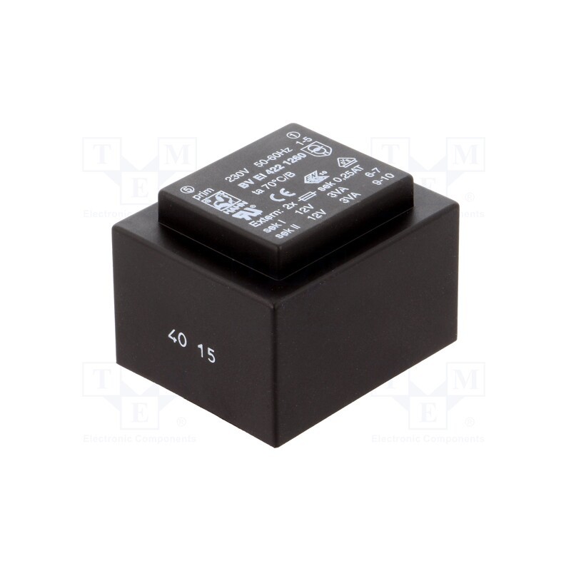 1 pcs x HAHN - BV EI 422 1260 - Transformer: encapsulated, 6VA, 230VAC, 12V, 12V, 250mA, 250mA, PCB