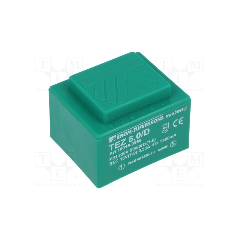 1 pcs x BREVE TUFVASSONS - TEZ6/D230/18V - Transformer: encapsulated, 6VA, 230VAC, 18V, 333.3mA, PCB, IP00