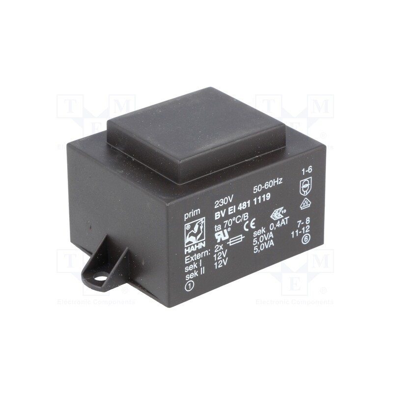 1 pcs x HAHN - BV EI 481 1119 - Transformer: encapsulated, 10VA, 230VAC, 12V, 12V, 417mA, 417mA, PCB