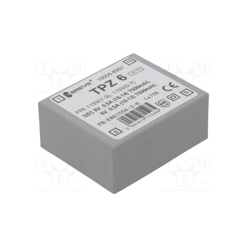 1 pcs x BREVE TUFVASSONS - TPZ6/2*115/2*6V - Transformer: mains, 6VA, 115VAC,230VAC, 6V, 6V, PCB, IP00