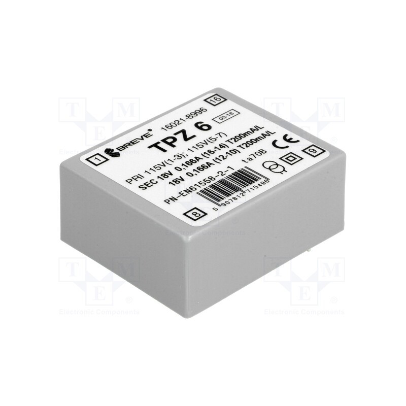 1 pcs x BREVE TUFVASSONS - TPZ6/2*115/2*18V - Transformer: mains, 6VA, 115VAC,230VAC, 18V, 18V, PCB, IP00