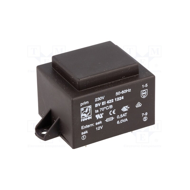 1 pcs x HAHN - BV EI 422 1224 - Transformer: encapsulated, 6VA, 230VAC, 12V, 500mA, PCB, BVEI