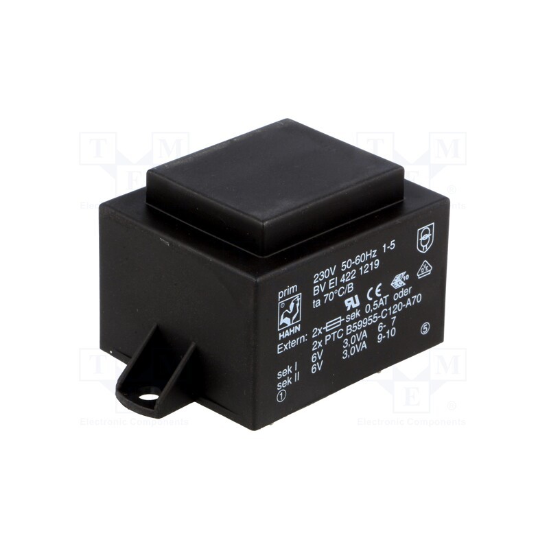 1 pcs x HAHN - BV EI 422 1219 - Transformer: encapsulated, 6VA, 230VAC, 6V, 6V, 500mA, 500mA, PCB