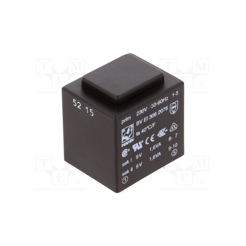 1 pcs x HAHN - BV EI 306 2076 - Transformer: encapsulated, 3.2VA, 230VAC, 9V, 9V, 178mA, 178mA, PCB