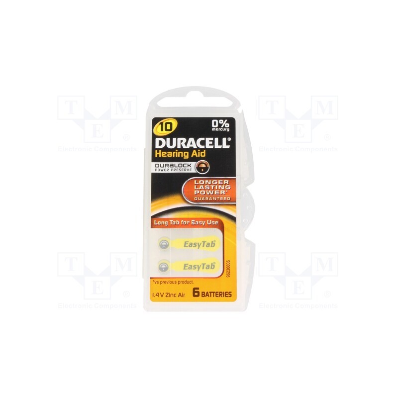 1 set x DURACELL - 10 ET - Battery: zinc air (ZnO2), 1.4V, AC10,coin,R536, 90mAh, Ø5.8x3.5mm