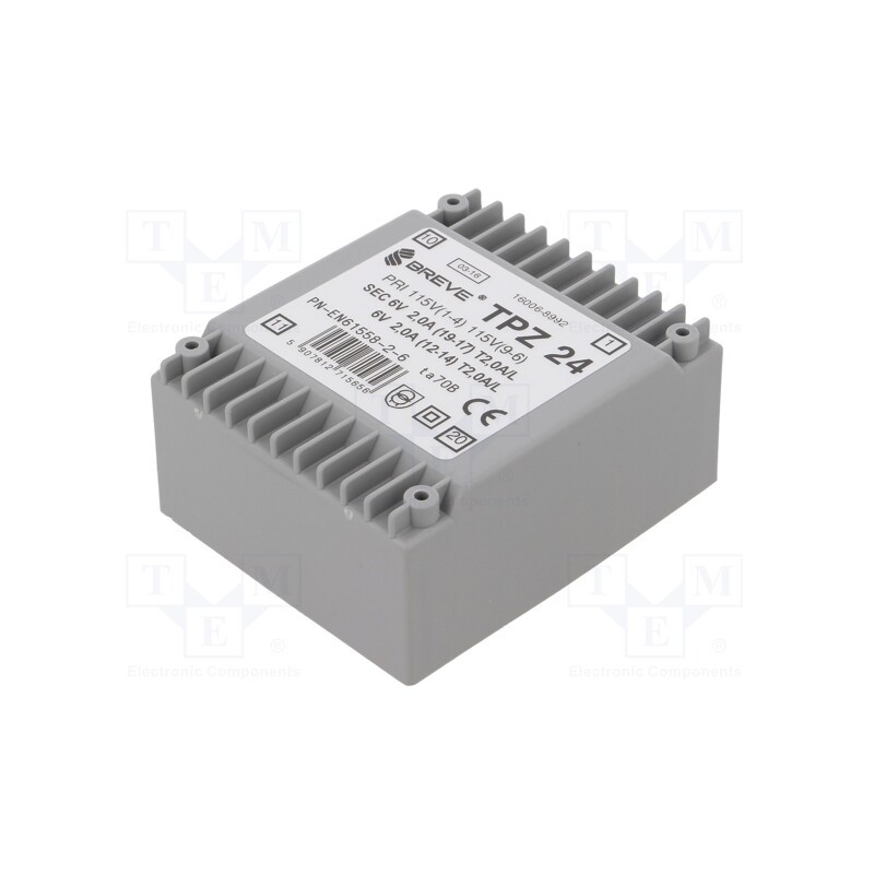 1 pcs x BREVE TUFVASSONS - TPZ24/2*115/2*6V - Transformer: mains, 24VA, 115VAC,230VAC, 6V, 6V, PCB, IP00