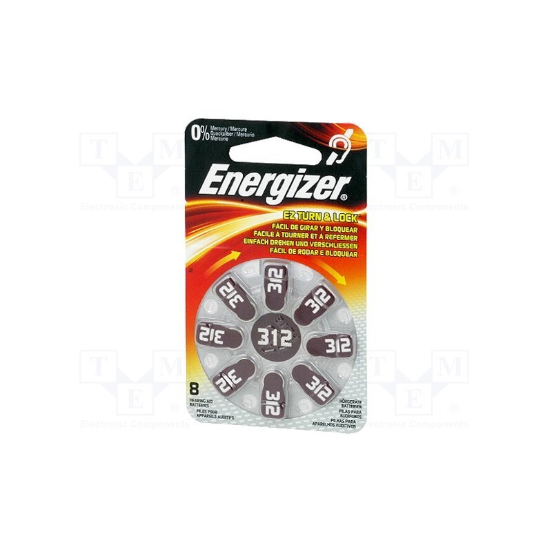 1 set x ENERGIZER - AC312 - Battery: zinc air (ZnO2), 1.4V, AC312,coin,R36, 160mAh, 8pcs.