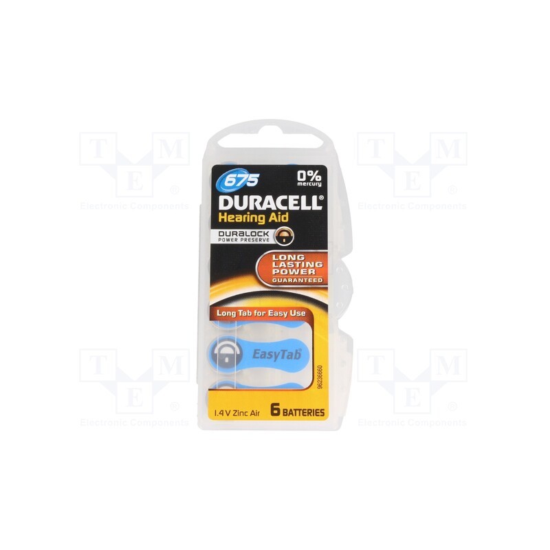1 set x DURACELL - 675 ET - Battery: zinc air (ZnO2), 1.4V, AC675,coin,R1154, 600mAh, 6pcs.