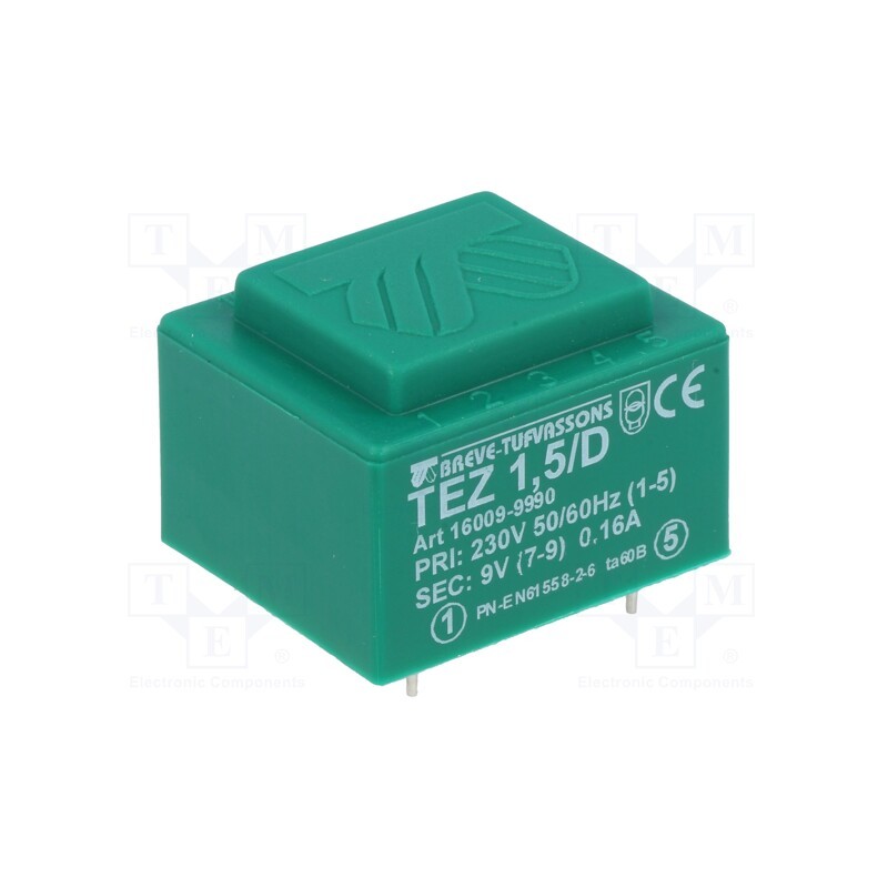 1 pcs x BREVE TUFVASSONS - TEZ1.5/D230/9V - Transformer: encapsulated, 1.5VA, 230VAC, 9V, 166.6mA, PCB, IP00