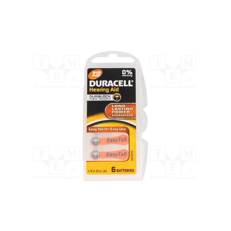 1 set x DURACELL - 13 ET - Battery: zinc air (ZnO2), 1.4V, AC13,coin,R754, 290mAh, 6pcs.
