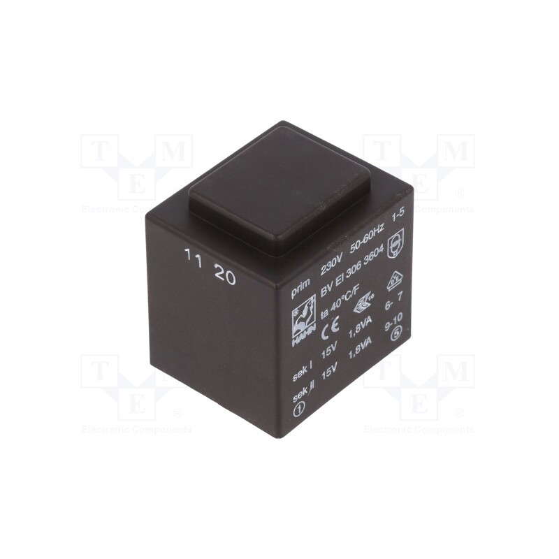 1 pcs x HAHN - BV EI 306 3604 - Transformer: encapsulated, 3.6VA, 230VAC, 15V, 15V, 120mA, 120mA