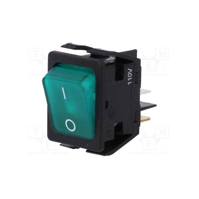 1 pcs x BULGIN - C6053ALBG21197W - ROCKER, DPST, Pos: 2, ON-OFF, 16A/250VAC, green, neon lamp, 125V