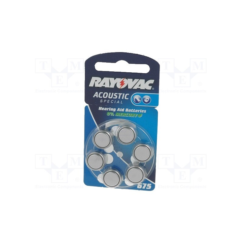 1 set x RAYOVAC - 675AU B6 - Battery: zinc air (ZnO2), 1.45V, AC675,coin,R1154, 640mAh, 6pcs.
