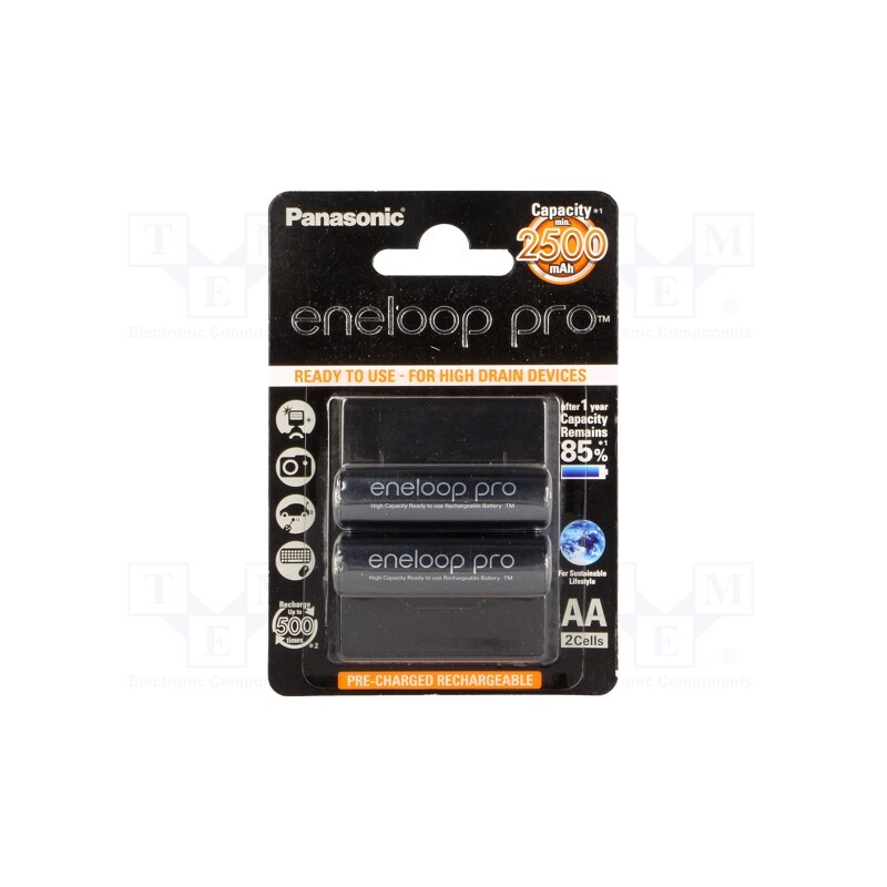 1 set x PANASONIC - BK-3HCDE-2BE - Re-battery: Ni-MH, AA, 1.2V, 2450mAh, ENELOOP PRO, Ø14.35x50.4mm