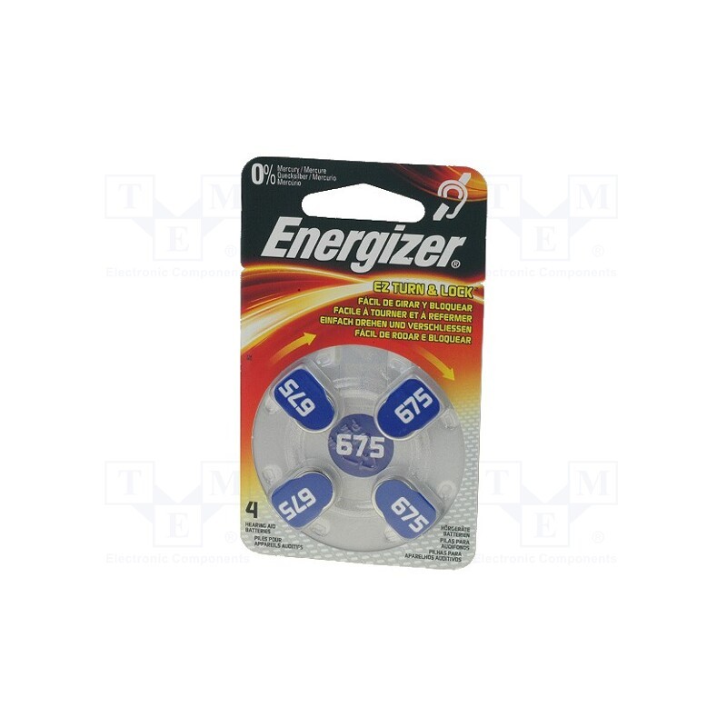 1 set x ENERGIZER - AC675 - Battery: zinc air (ZnO2), 1.4V, AC675,coin,R1154, 635mAh, 4pcs.