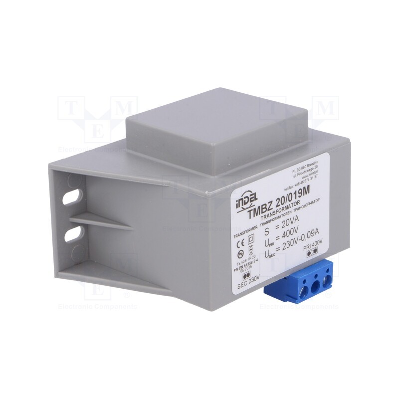 1 pcs x INDEL - TMBZ 20/019M - Transformer: encapsulated, 20VA, 400VAC, 230V, 0.08A, screw type