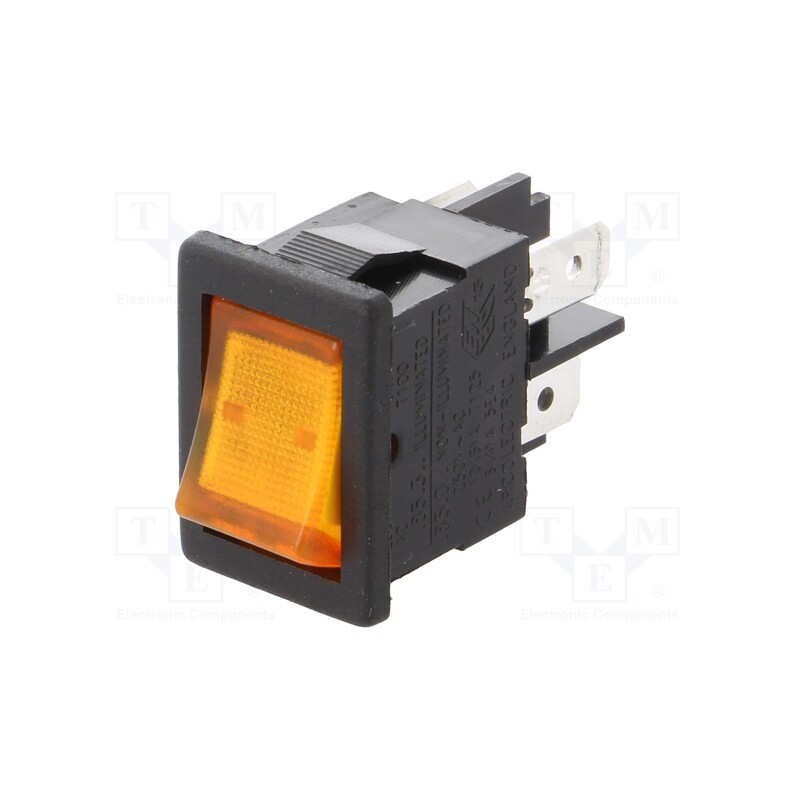 1 pcs x BULGIN - H8553VBBA3 - ROCKER, DPST, Pos: 2, ON-OFF, 10A/250VAC, yellow, neon lamp, 230V