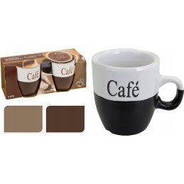 A set of white and brown coffee mugs