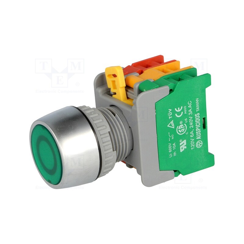 1 pcs x AUSPICIOUS - PFL22-1O/C G, W/O LAMP - Switch: push-button, 22mm, Stabl.pos: 2, NC + NO, green, 3A/230VAC