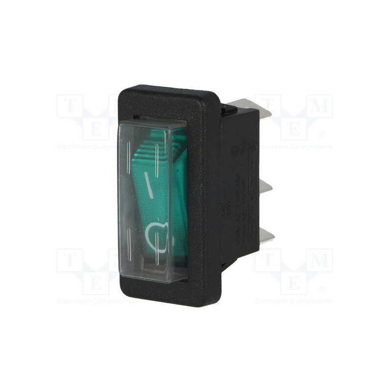 1 pcs x BULGIN - C5503ALBG33036WG74 - ROCKER, SPST, Pos: 2, ON-OFF, 16A/250VAC, green, neon lamp, 250V