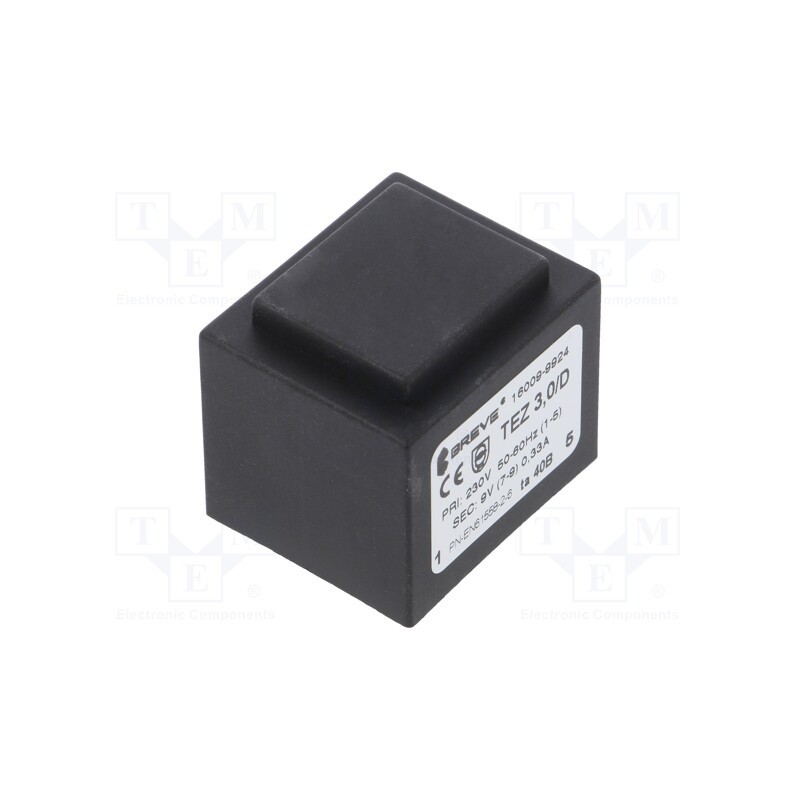 1 pcs x BREVE TUFVASSONS - TEZ3.0/D230/9V TA40 - Transformer: encapsulated, 3VA, 230VAC, 9V, 333mA, PCB, IP00, A: 28mm