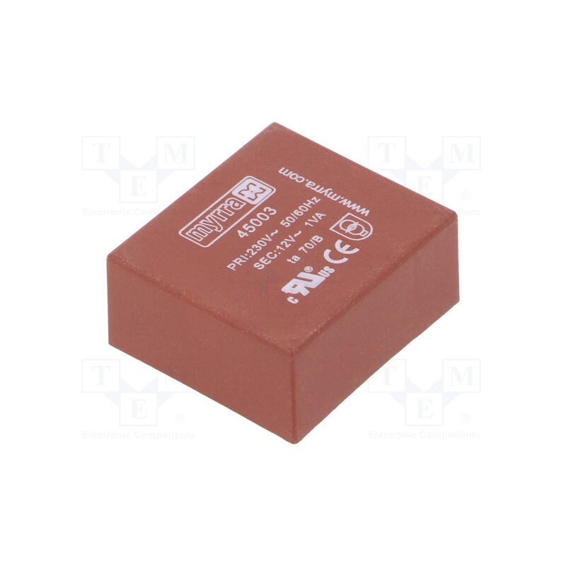 1 pcs x MYRRA - 45003 - Transformer: encapsulated, 1VA, 230VAC, 12V, 83mA, PCB, 34x31x15mm