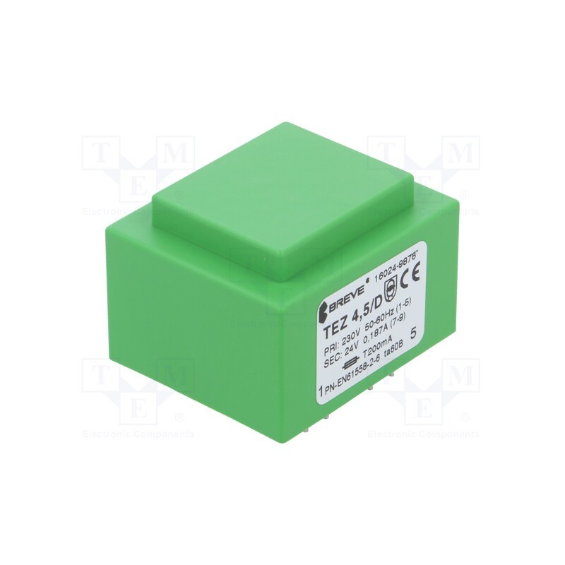 1 pcs x BREVE TUFVASSONS - TEZ4.5/D230/24V - Transformer: encapsulated, 4.5VA, 230VAC, 24V, 188mA, PCB, IP00