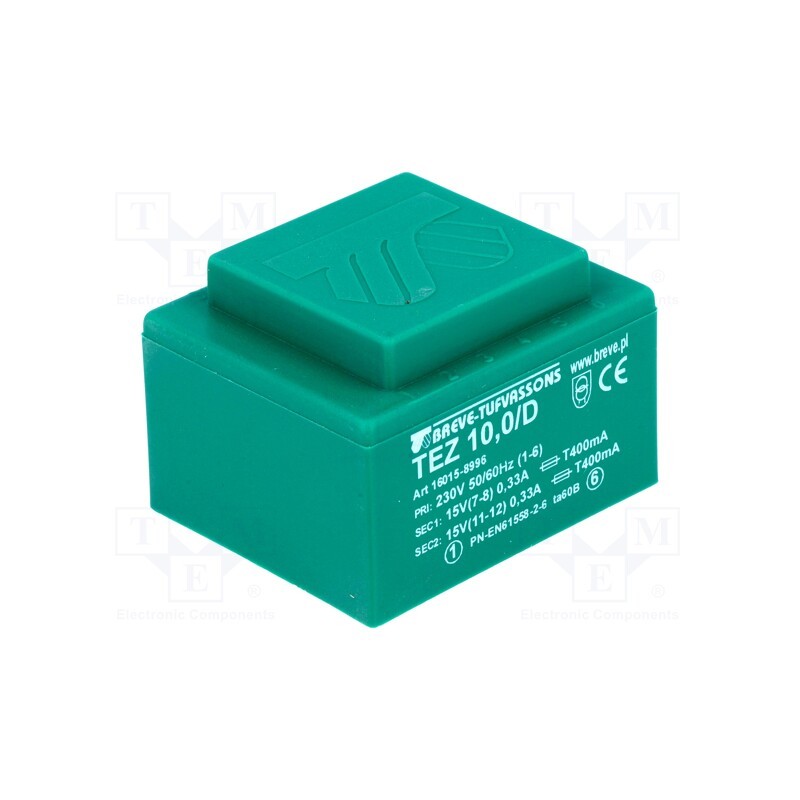1 pcs x BREVE TUFVASSONS - TEZ10/D230/15-15V - Transformer: encapsulated, 10VA, 230VAC, 15V, 15V, 333.3mA, 333.3mA