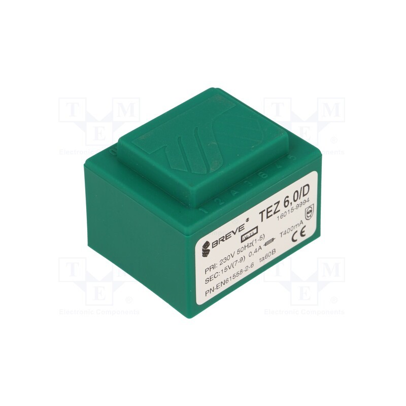 1 pcs x BREVE TUFVASSONS - TEZ6/D230/15V - Transformer: encapsulated, 6VA, 230VAC, 15V, 400mA, PCB, IP00, TEZ