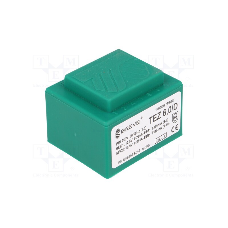 1 pcs x BREVE TUFVASSONS - TEZ6/D230/10.5-10.5V - Transformer: encapsulated, 6VA, 230VAC, 10.5V, 10.5V, 285.7mA, PCB