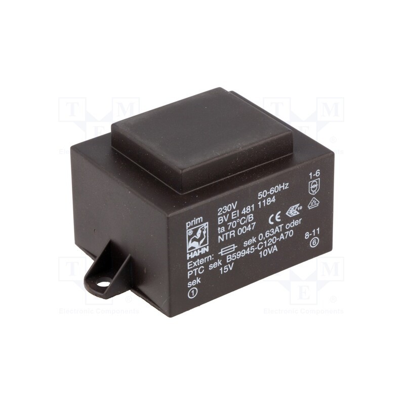 1 pcs x HAHN - BV EI 481 1184 - Transformer: encapsulated, 10VA, 230VAC, 15V, 667mA, PCB, BVEI