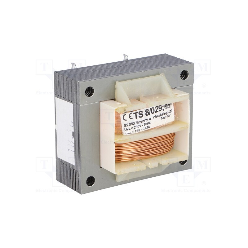 1 pcs x INDEL - TS8/029 - Transformer: mains, 8VA, 230VAC, 12V, 670mA, screw type, IP00
