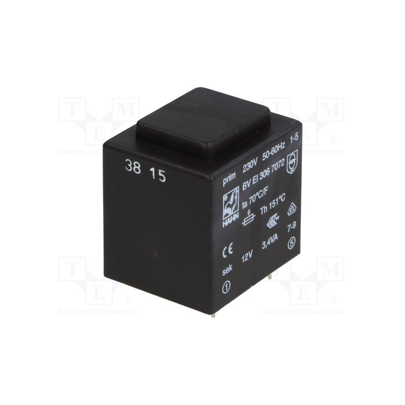 1 pcs x HAHN - BV EI 306 7072 - Transformer: encapsulated, 3.4VA, 230VAC, 12V, 283mA, PCB, BVEI