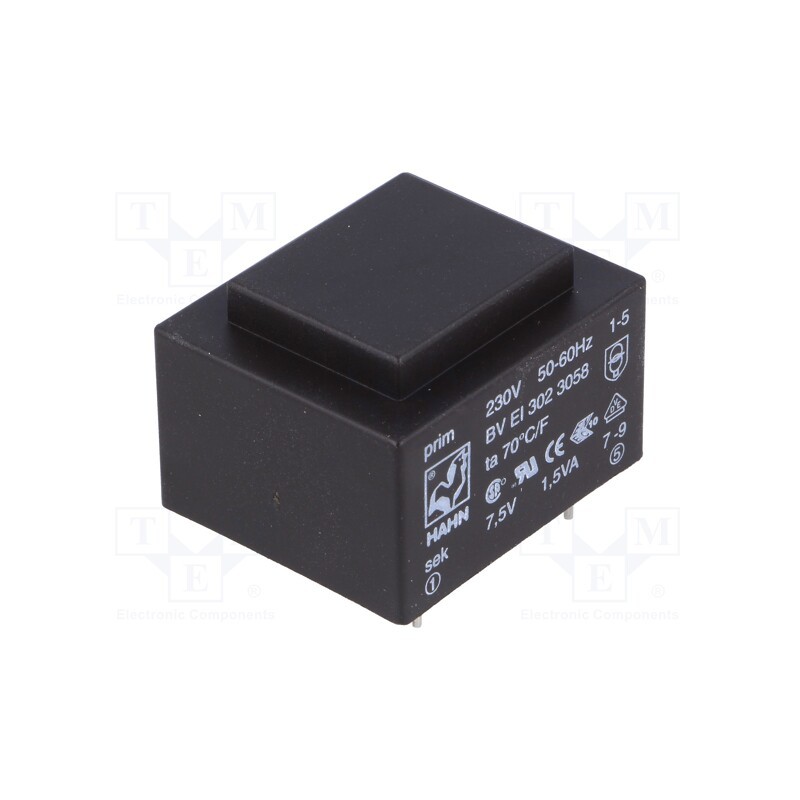 1 pcs x HAHN - BV EI 302 3058 - Transformer: encapsulated, 1.5VA, 230VAC, 7.5V, 200mA, PCB, BVEI