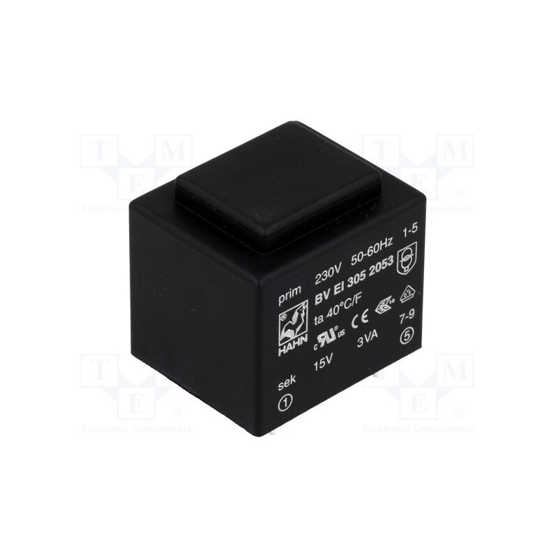 1 pcs x HAHN - BV EI 305 2053 - Transformer: encapsulated, 3VA, 230VAC, 15V, 200mA, PCB, BVEI