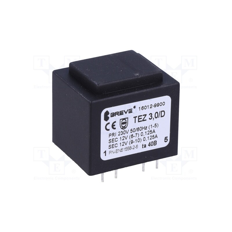 1 pcs x BREVE TUFVASSONS - TEZ3.0/D230/12-12V TA40 - Transformer: encapsulated, 3VA, 230VAC, 12V, 12V, 125mA, 125mA, PCB