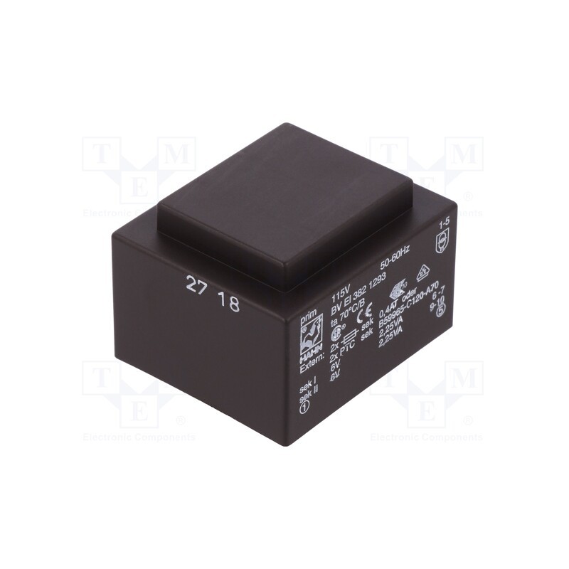 1 pcs x HAHN - BV EI 382 1293 - Transformer: encapsulated, 4.5VA, 115VAC, 6V, 6V, 375mA, 375mA, PCB