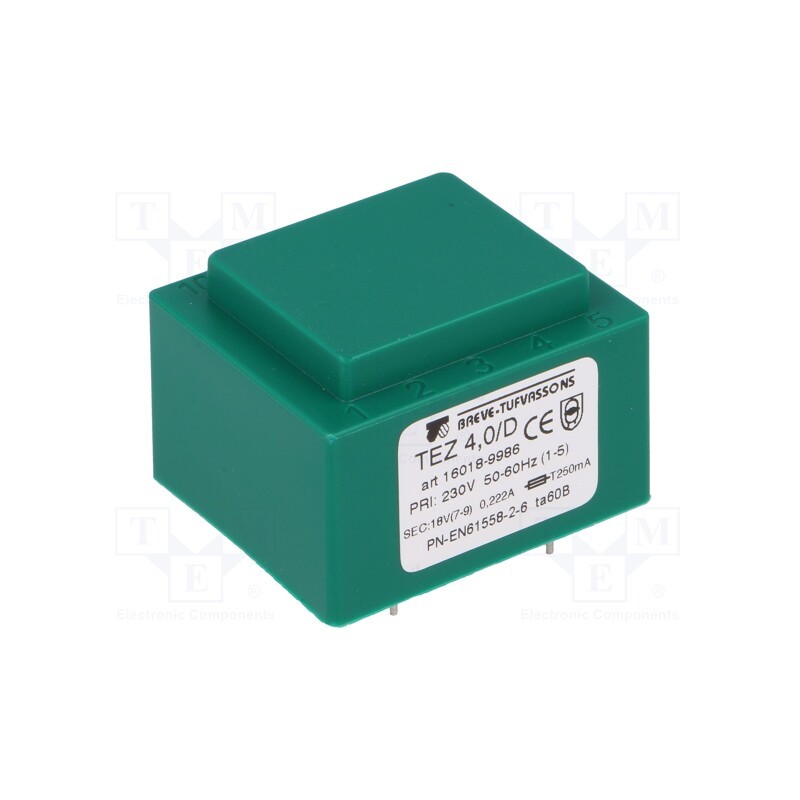 1 pcs x BREVE TUFVASSONS - TEZ4/D230/18V - Transformer: encapsulated, 4VA, 230VAC, 18V, 222.2mA, PCB, IP00