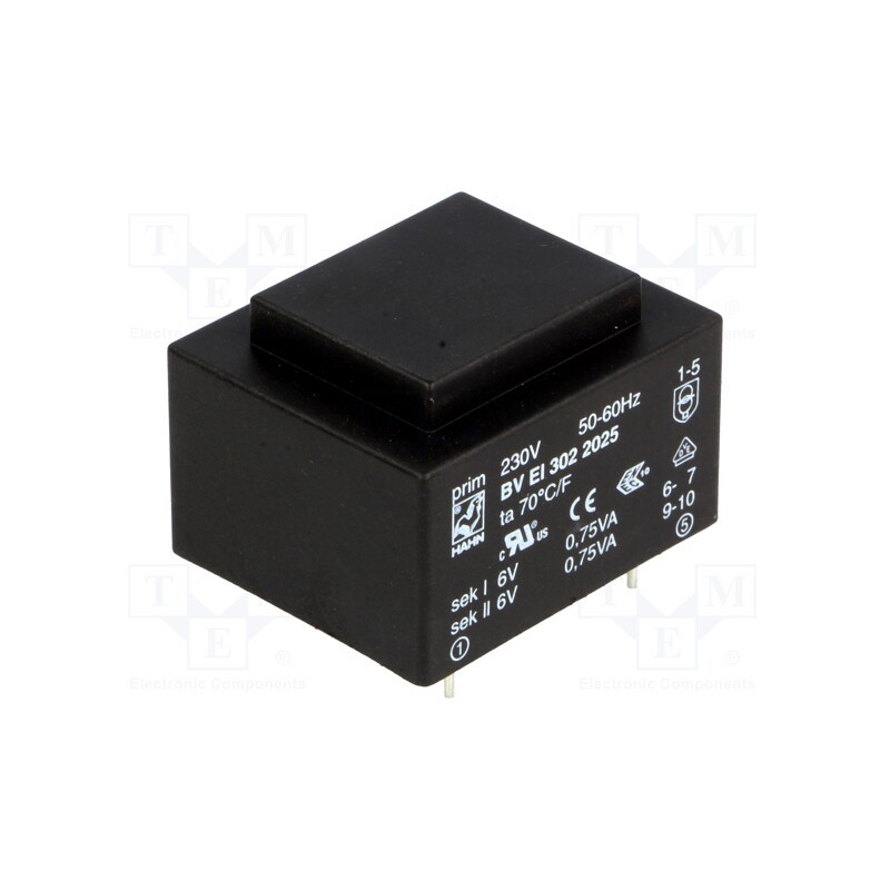 1 pcs x HAHN - BV EI 302 2025 - Transformer: encapsulated, 1.5VA, 230VAC, 6V, 6V, 125mA, 125mA, PCB