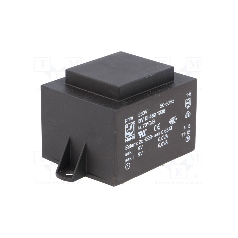 1 pcs x HAHN - BV EI 482 1238 - Transformer: encapsulated, 12VA, 230VAC, 9V, 9V, 667mA, 667mA, PCB