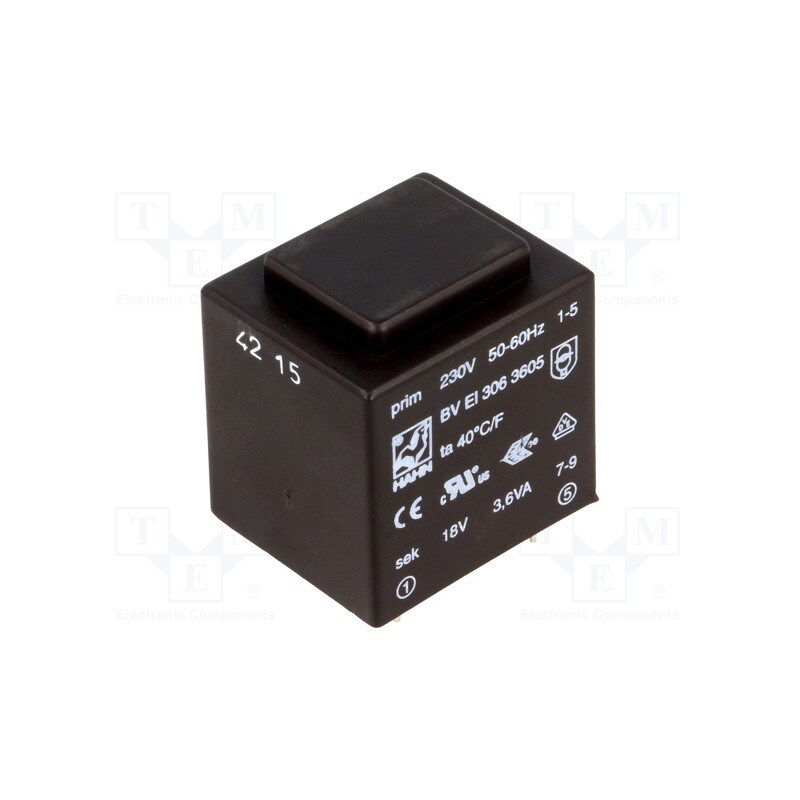 1 pcs x HAHN - BV EI 306 3605 - Transformer: encapsulated, 3.6VA, 230VAC, 18V, 200mA, PCB, BVEI