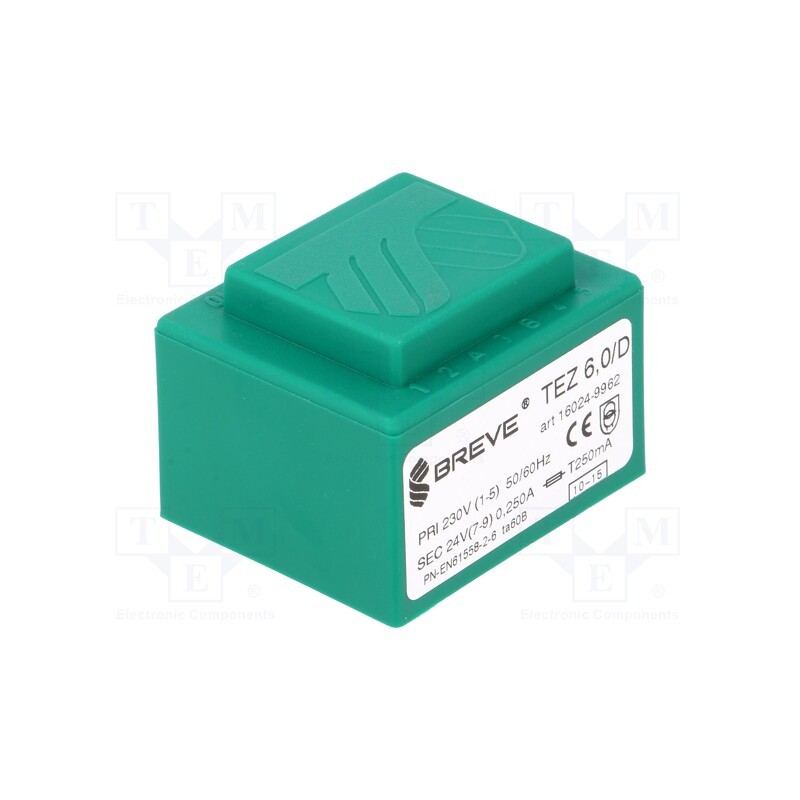 1 pcs x BREVE TUFVASSONS - TEZ6/D230/24V - Transformer: encapsulated, 6VA, 230VAC, 24V, 250mA, PCB, IP00, TEZ