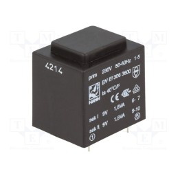 1 pcs x HAHN - BV EI 3063600 - Transformer: encapsulated, 3.6VA, 230VAC, 9V, 9V, 200mA, 200mA, PCB