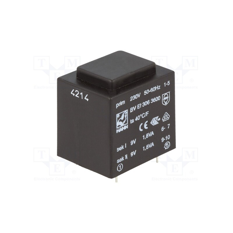1 pcs x HAHN - BV EI 3063600 - Transformer: encapsulated, 3.6VA, 230VAC, 9V, 9V, 200mA, 200mA, PCB