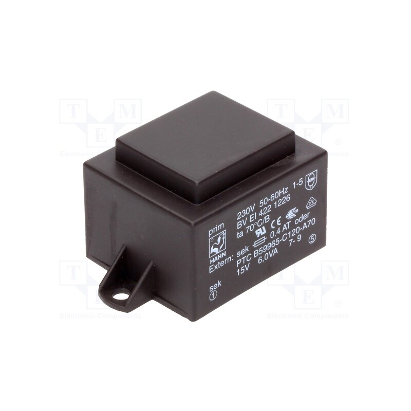 1 pcs x HAHN - BV EI 422 1226 - Transformer: encapsulated, 6VA, 230VAC, 15V, 400mA, PCB, BVEI