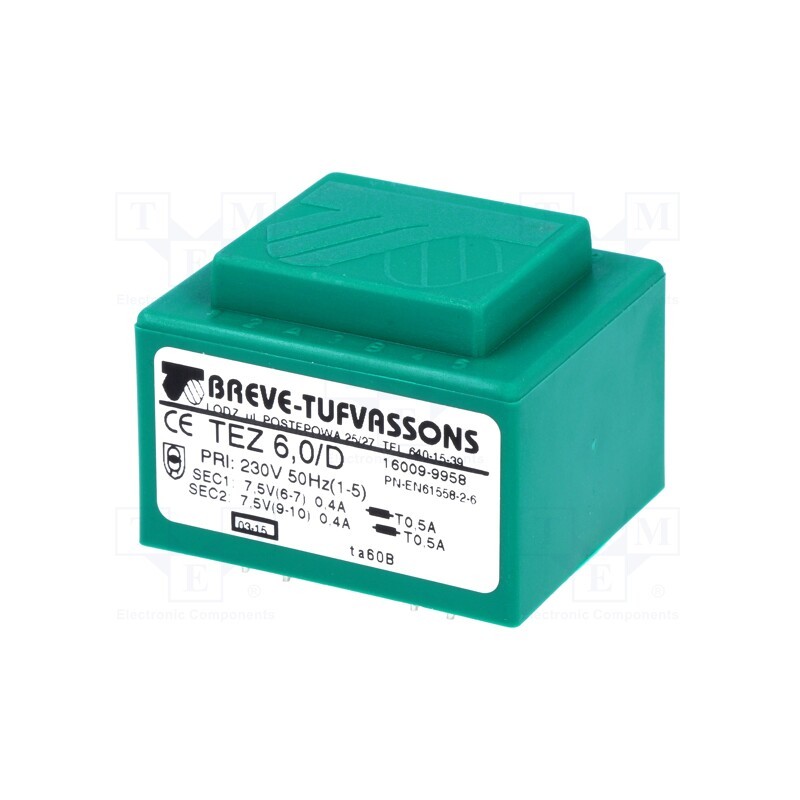 1 pcs x BREVE TUFVASSONS - TEZ6/D230/7.5-7.5V - Transformer: encapsulated, 6VA, 230VAC, 7.5V, 7.5V, 400mA, 400mA