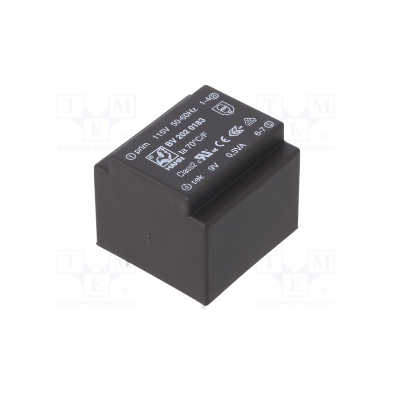 1 pcs x HAHN - BV 202 0183 - Transformer: encapsulated, 0.5VA, 115VAC, 9V, 56mA, PCB, BV